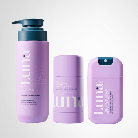 The Jasmine + Ylang Ylang 3-Step Everywhere Routine (30ml Spray-To-Wipe, 70g Deodorant, 400ml Wash) banner