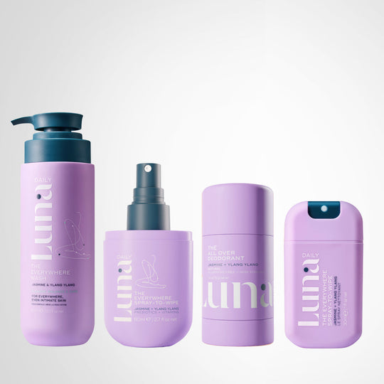 The Jasmine + Ylang Ylang Everywhere at Home and On-the-Go Kit (30ml Spray-To-Wipe, 80ml Spray-To-Wipe, 70g Deodorant, 400ml Wash) banner