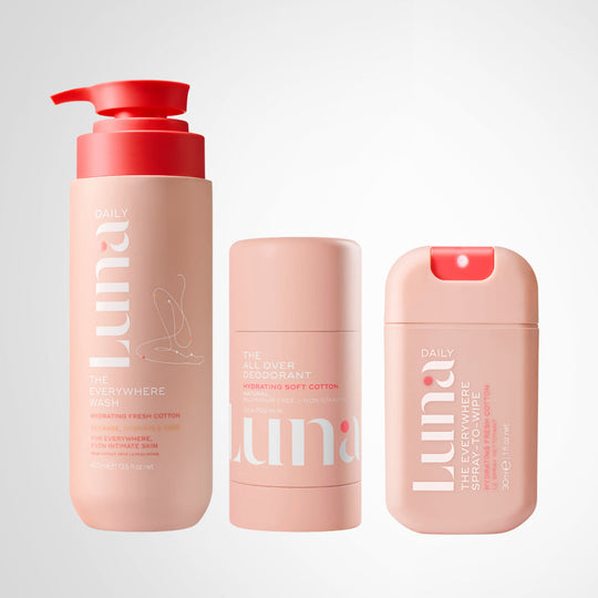 The Fresh Cotton Everywhere 3-Step Routine (30ml Spray-To-Wipe, 70g Deodorant, 400ml Wash) banner