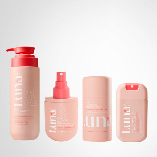 The Fresh Cotton Everywhere at Home and On-the-Go Kit (30ml Spray-To-Wipe, 80ml Spray-To-Wipe, 70g Deodorant, 400ml Wash) banner
