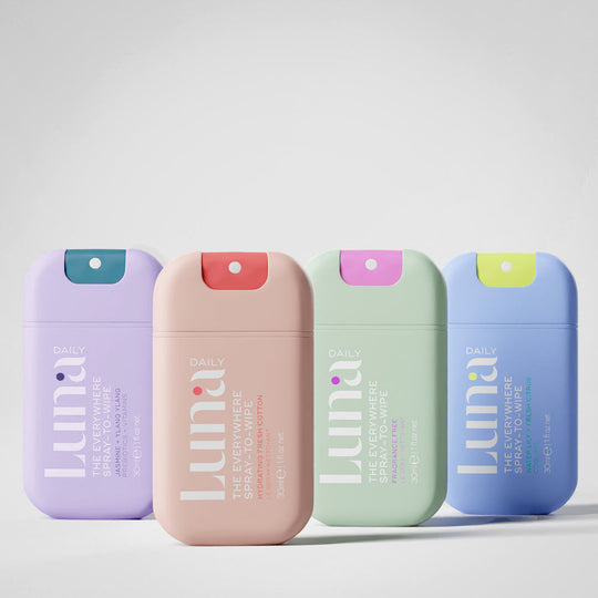 The Trial Spray-To-Wipe™ 4-pack Bundle (x1 Hydrating Fresh Cotton 30ml, x1 Jasmine + Ylang Ylang 30ml, x1 Cooling Water Lily + Fresh Citrus 30ml, x1 Fragrance Free 30ml) banner